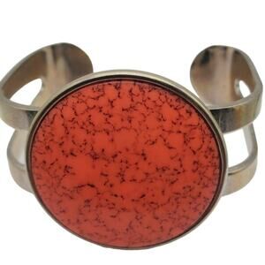 Retro Celebrity Faux Orange Stone Cuff Silver Tone Bangle Modernist Bracelet Vtg